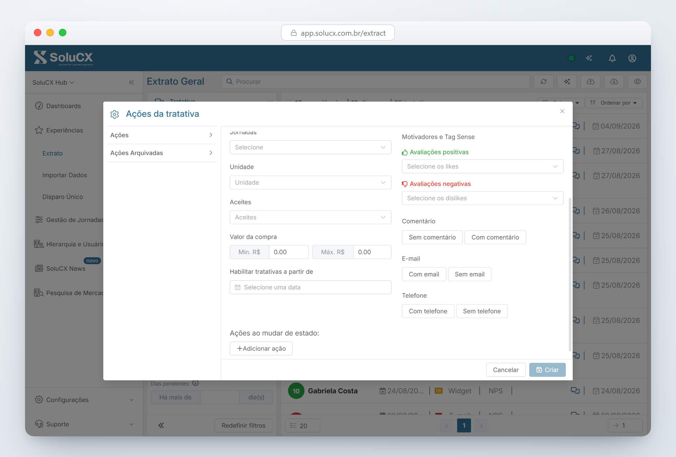 Filtros de e-mail e telefone nas ações da tratativa