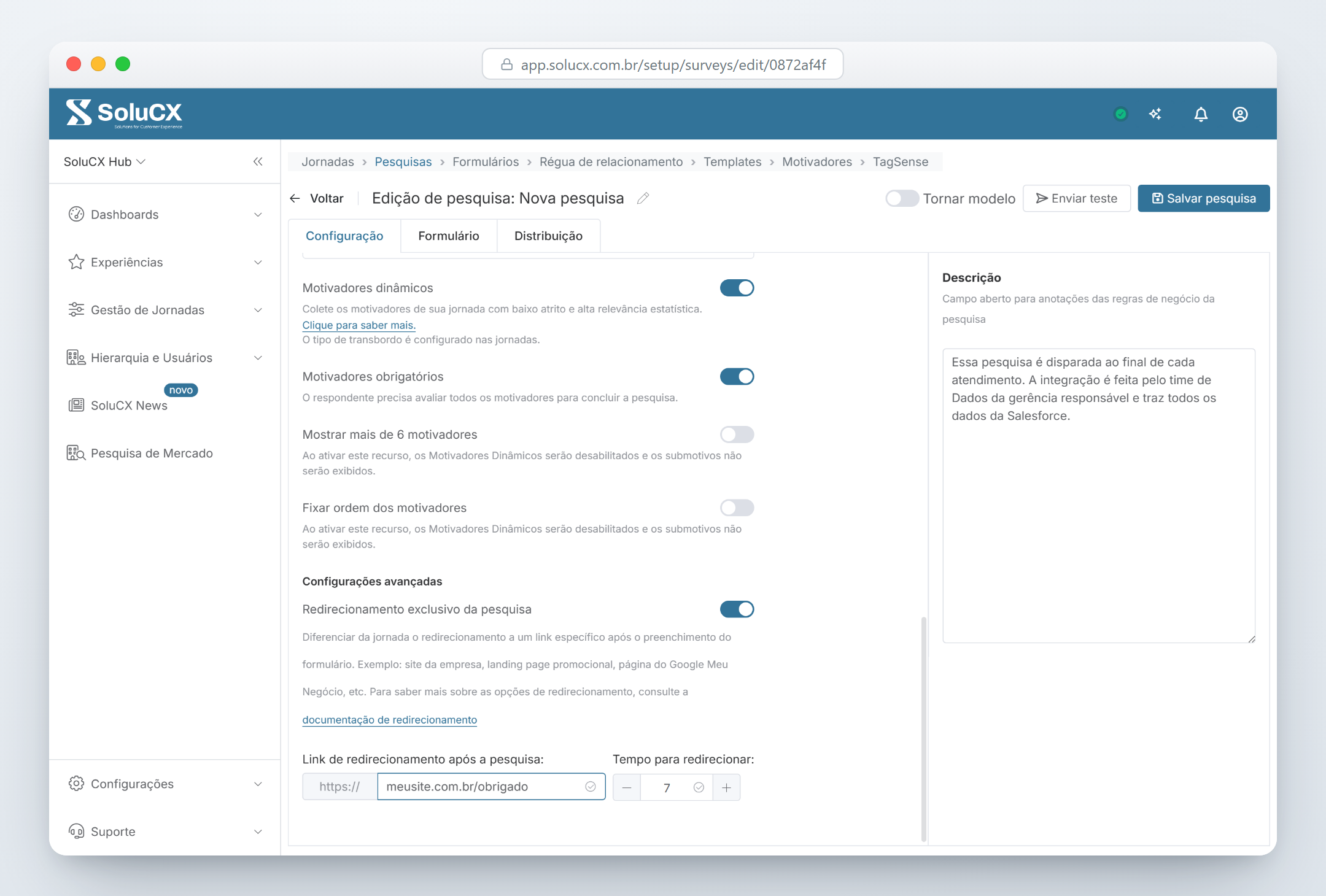Configuração do redirecionamento automático após a pesquisa