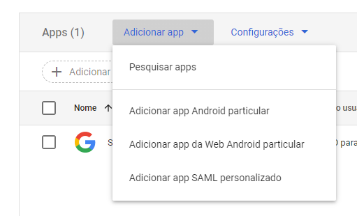 Opção para Adicionar app SAML personalizado