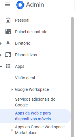 Menu lateral do Google Admin Console