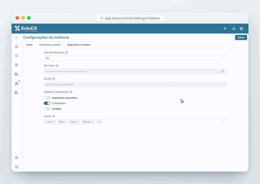 Lista de canais disponíveis para os filtros